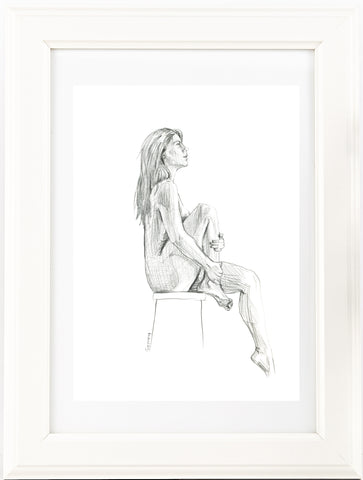 Elegant Seated hand drawn nude female figure drawing print.