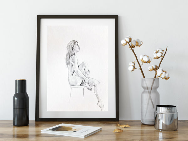 Elegant Seated hand drawn nude female figure drawing print.