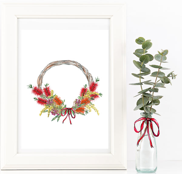 Australian native flowers wreath print. Floral Christmas watercolour pencil art